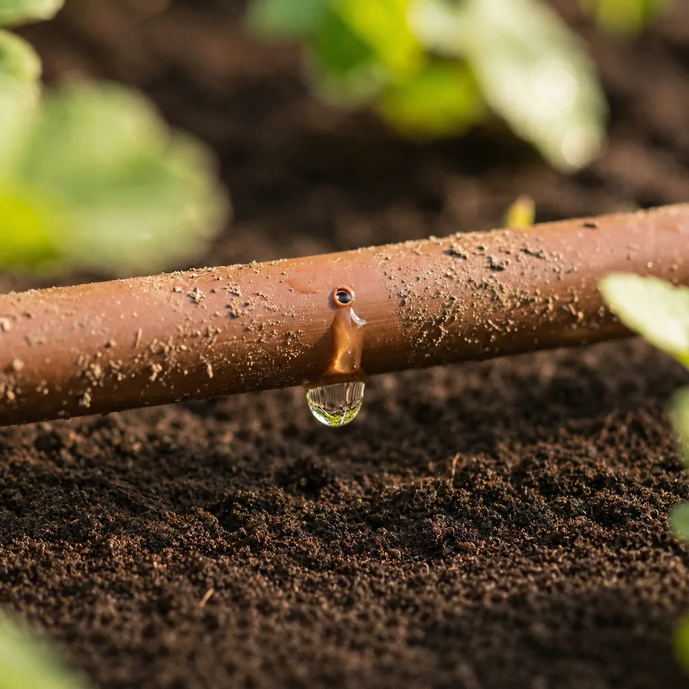 Dripline outlet releasing water near the soil