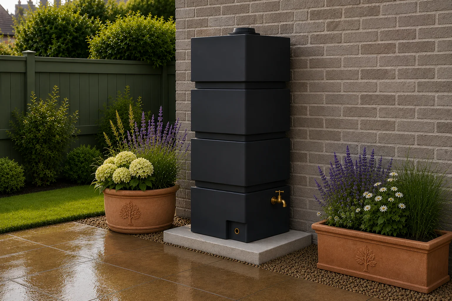 Modular garden water-storage tank beside a house